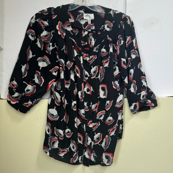 Milly Silk Floral Poppy Puff Sleeves Logo Print Button Top Blouse Oversize Shirt - Picture 9 of 15